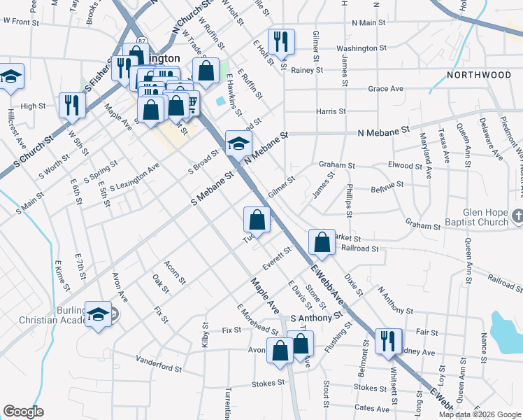 map of restaurants, bars, coffee shops, grocery stores, and more near 635 East Webb Avenue in Burlington