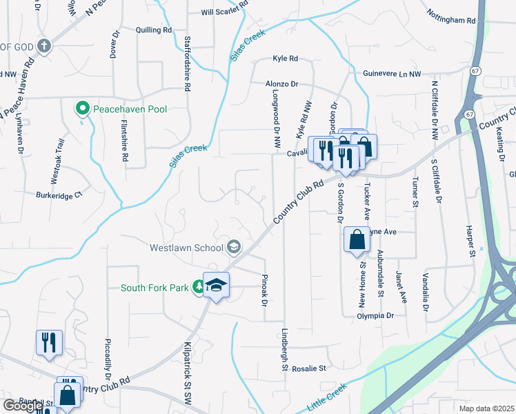 map of restaurants, bars, coffee shops, grocery stores, and more near 160 Coventry Park Lane in Winston-Salem