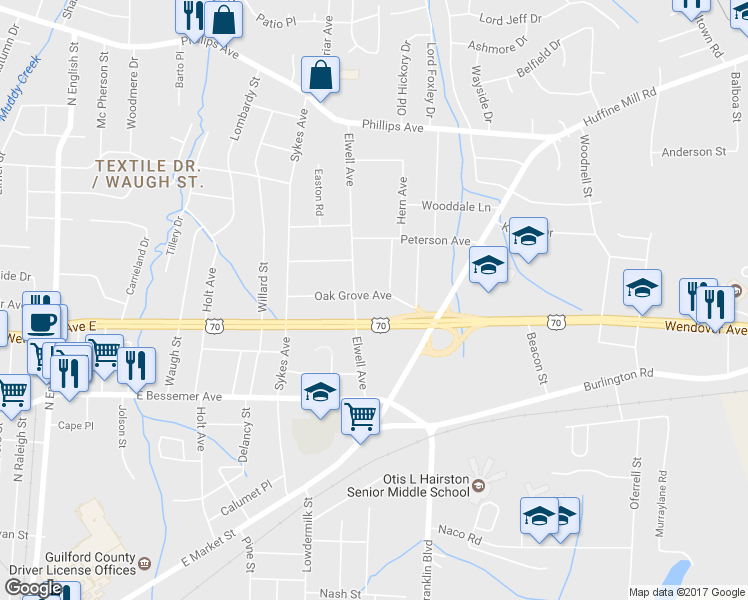 map of restaurants, bars, coffee shops, grocery stores, and more near 3900 Oak Grove Avenue in Greensboro