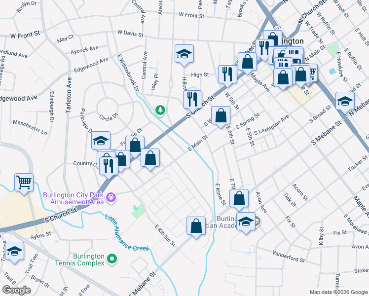 map of restaurants, bars, coffee shops, grocery stores, and more near 1037 South Main Street in Burlington