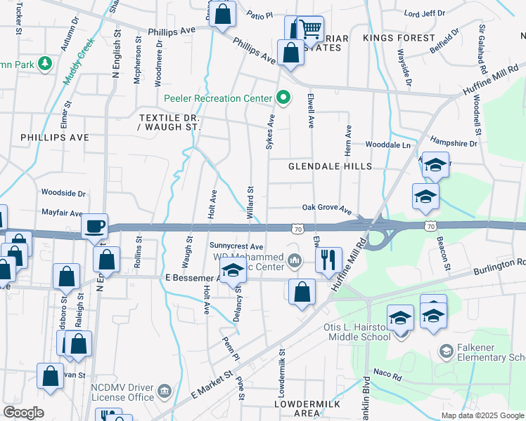 map of restaurants, bars, coffee shops, grocery stores, and more near 809 Sykes Avenue in Greensboro