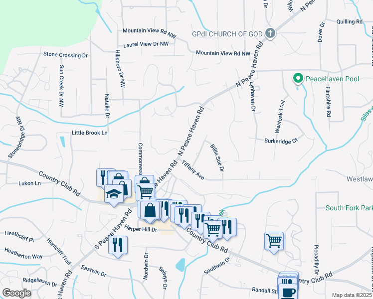 map of restaurants, bars, coffee shops, grocery stores, and more near 149 North Peace Haven Road in Winston-Salem