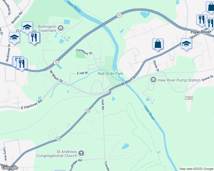 map of restaurants, bars, coffee shops, grocery stores, and more near 207 Clayton Place in Haw River