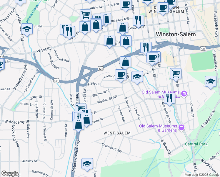 map of restaurants, bars, coffee shops, grocery stores, and more near 940 Apple Street Southwest in Winston-Salem