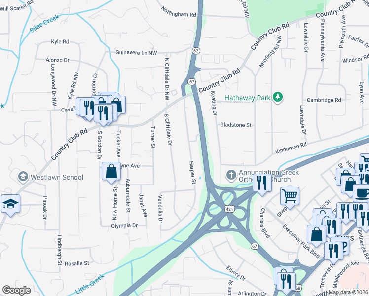 map of restaurants, bars, coffee shops, grocery stores, and more near 218 Harper St in Winston-Salem