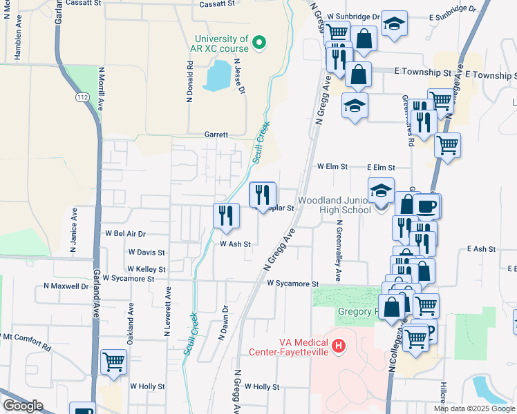 map of restaurants, bars, coffee shops, grocery stores, and more near 500 West Poplar Street in Fayetteville