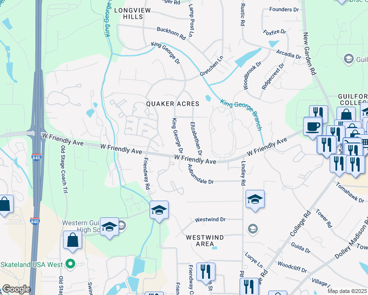 map of restaurants, bars, coffee shops, grocery stores, and more near 802 King George Drive in Greensboro