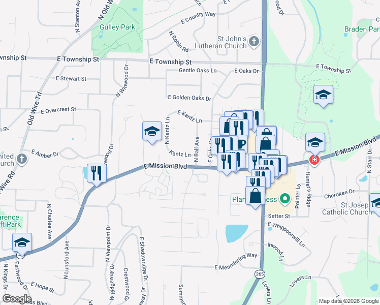 map of restaurants, bars, coffee shops, grocery stores, and more near 2330 East Kantz Lane in Fayetteville