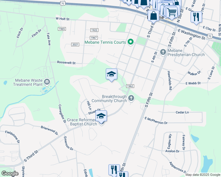 map of restaurants, bars, coffee shops, grocery stores, and more near 221 Fair Oaks Court in Mebane