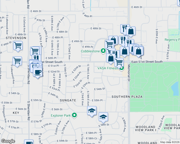 map of restaurants, bars, coffee shops, grocery stores, and more near 5227 South 74th East Avenue in Tulsa