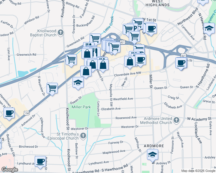 map of restaurants, bars, coffee shops, grocery stores, and more near 233 Oakwood Drive in Winston-Salem