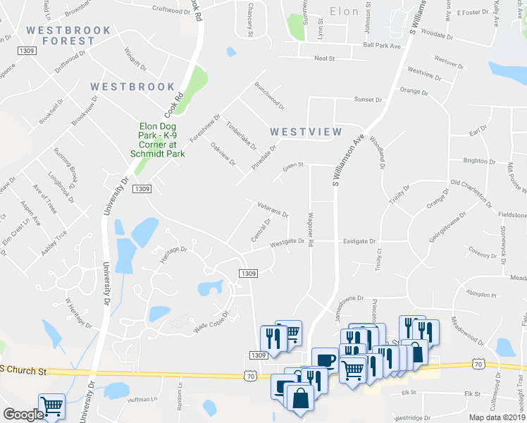 map of restaurants, bars, coffee shops, grocery stores, and more near 605 Veterans Drive in Elon