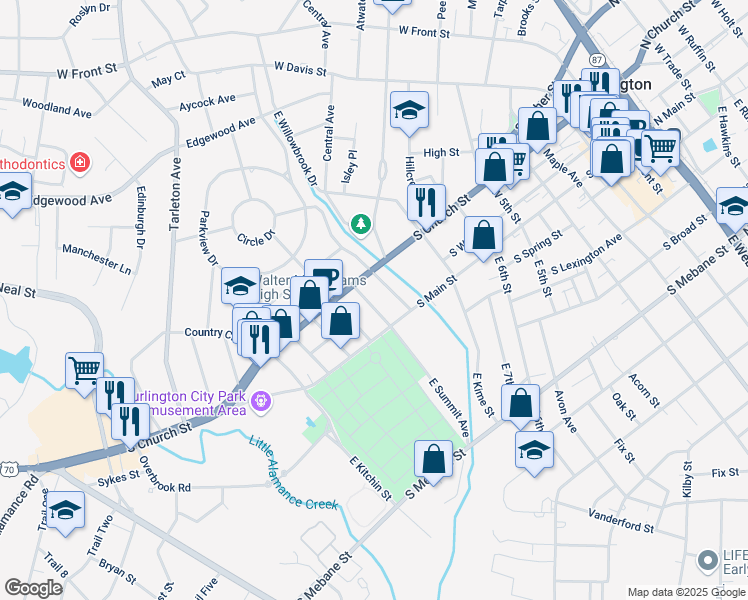 map of restaurants, bars, coffee shops, grocery stores, and more near 119 East Summit Avenue in Burlington