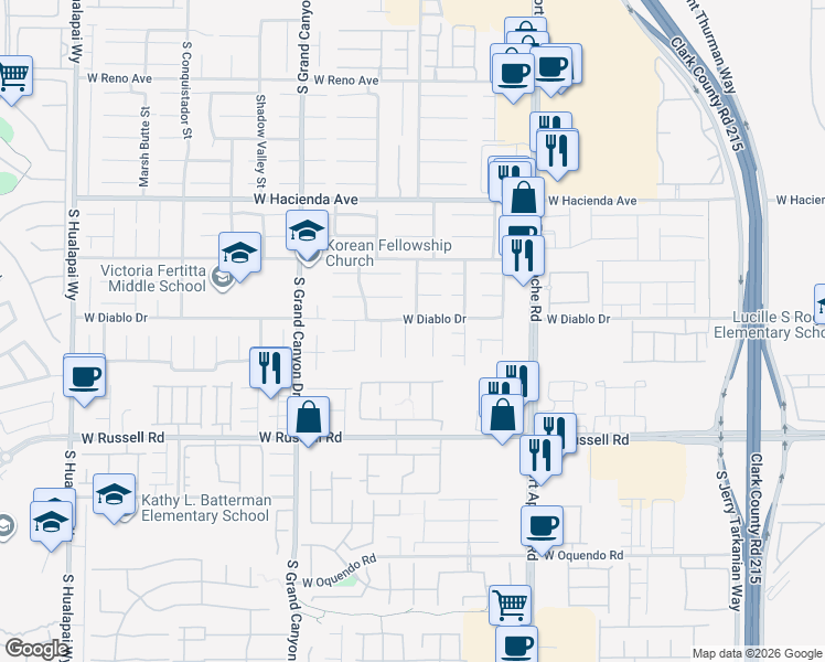 map of restaurants, bars, coffee shops, grocery stores, and more near 5522 Oakview Falls Court in Las Vegas