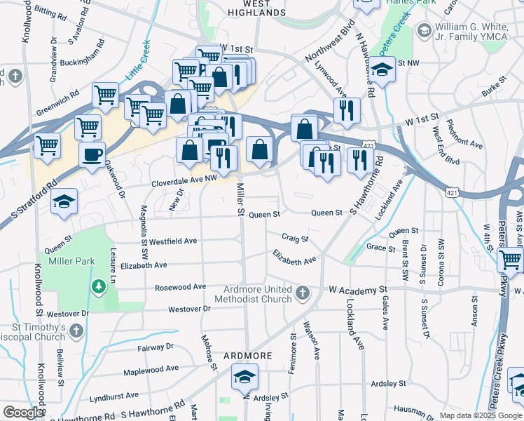 map of restaurants, bars, coffee shops, grocery stores, and more near 2105 Queen Street in Winston-Salem