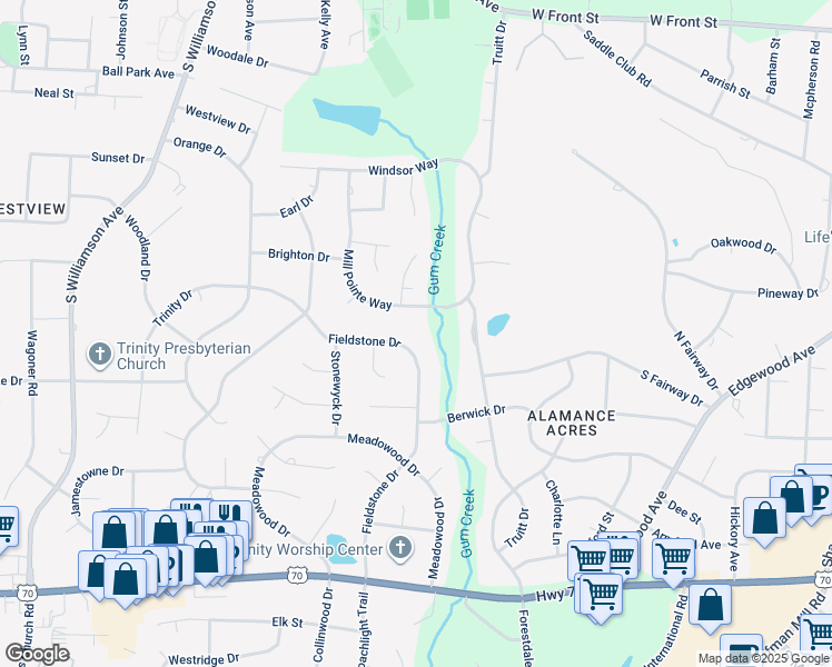 map of restaurants, bars, coffee shops, grocery stores, and more near 445 Fieldstone Drive in Burlington