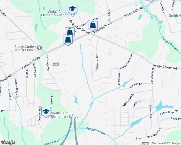 map of restaurants, bars, coffee shops, grocery stores, and more near 2002 Longmont Drive Southeast in Kernersville
