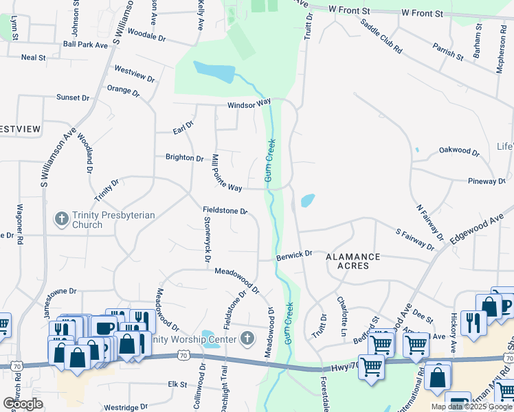 map of restaurants, bars, coffee shops, grocery stores, and more near 445 Fieldstone Drive in Burlington