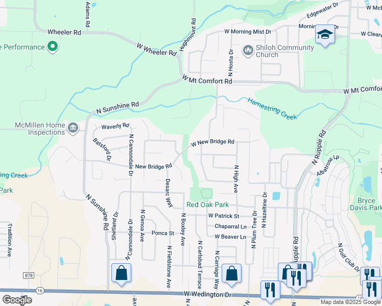 map of restaurants, bars, coffee shops, grocery stores, and more near 4586 West Sandingham Street in Fayetteville