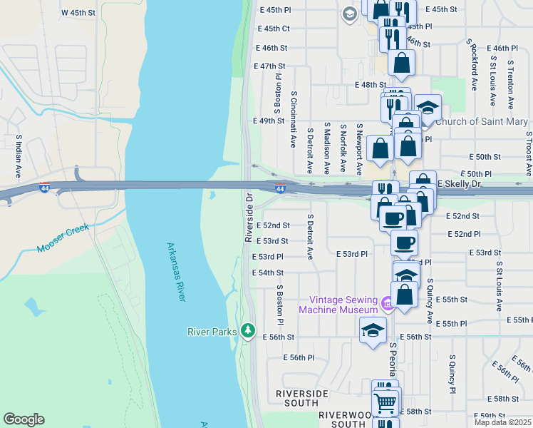 map of restaurants, bars, coffee shops, grocery stores, and more near 28 E 51st Pl in Tulsa
