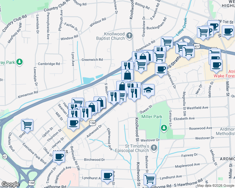 map of restaurants, bars, coffee shops, grocery stores, and more near 2624 Philip Street in Winston-Salem