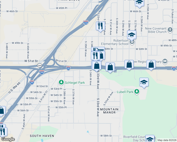 map of restaurants, bars, coffee shops, grocery stores, and more near 5140 South 34th West Avenue in Tulsa