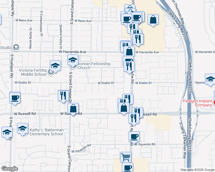 map of restaurants, bars, coffee shops, grocery stores, and more near 5520 Kings Row Court in Las Vegas