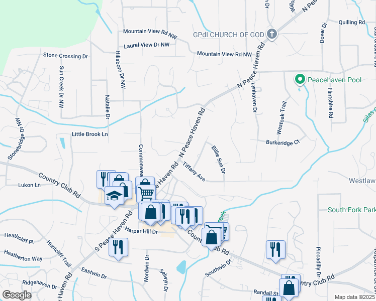 map of restaurants, bars, coffee shops, grocery stores, and more near 149 North Peace Haven Road in Winston-Salem