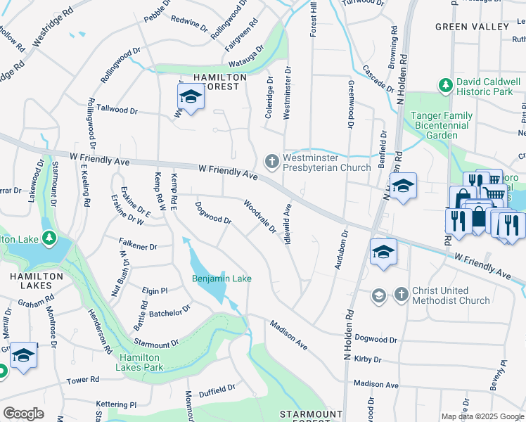 map of restaurants, bars, coffee shops, grocery stores, and more near 534 Woodvale Drive in Greensboro