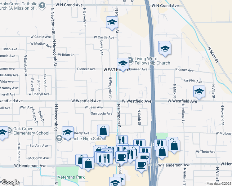 map of restaurants, bars, coffee shops, grocery stores, and more near 1249 North Prospect Street in Porterville