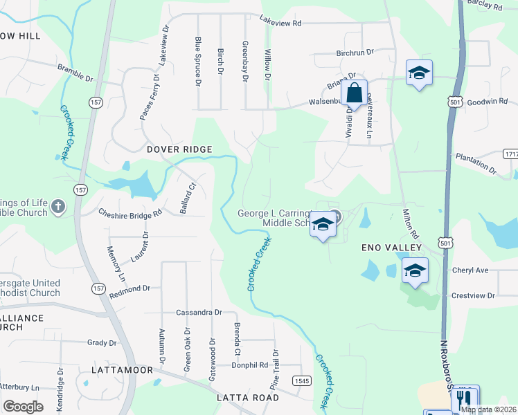 map of restaurants, bars, coffee shops, grocery stores, and more near 5405 Beardsley Court in Durham