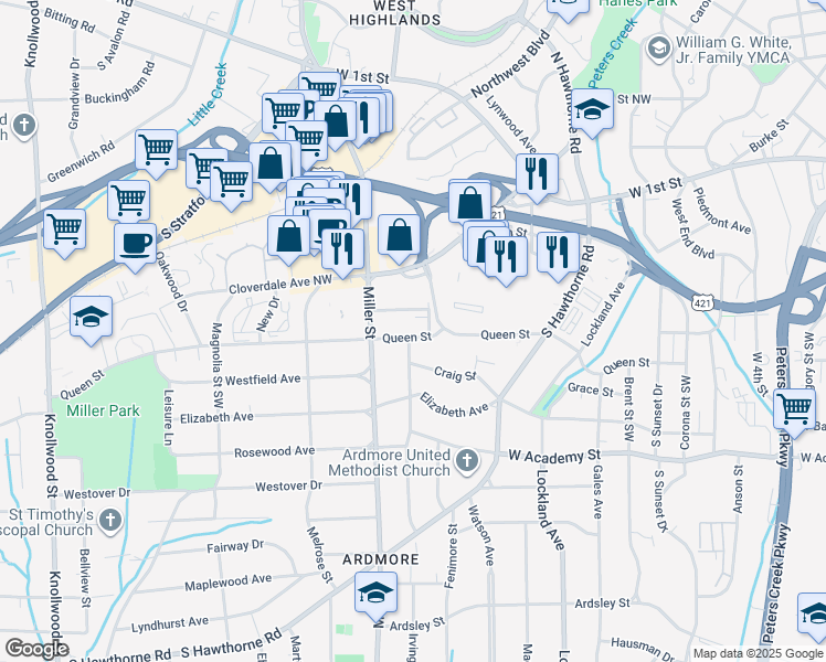 map of restaurants, bars, coffee shops, grocery stores, and more near 2079 Queen Street in Winston-Salem