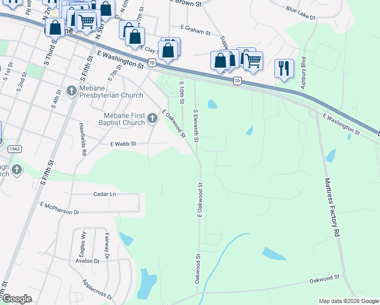 map of restaurants, bars, coffee shops, grocery stores, and more near 618 East Oakwood Street in Mebane