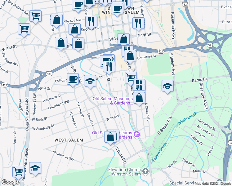 map of restaurants, bars, coffee shops, grocery stores, and more near 301 Settlers Run Drive in Winston-Salem