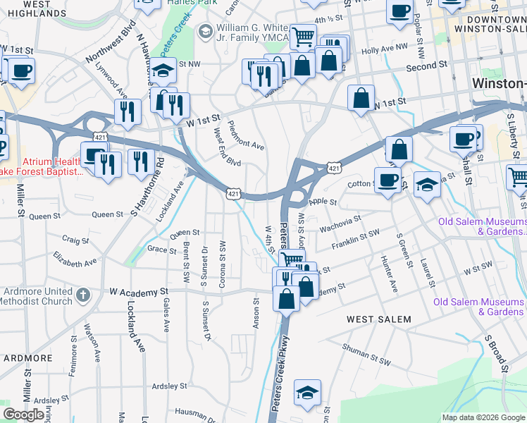 map of restaurants, bars, coffee shops, grocery stores, and more near 1412 West 4th Street in Winston-Salem