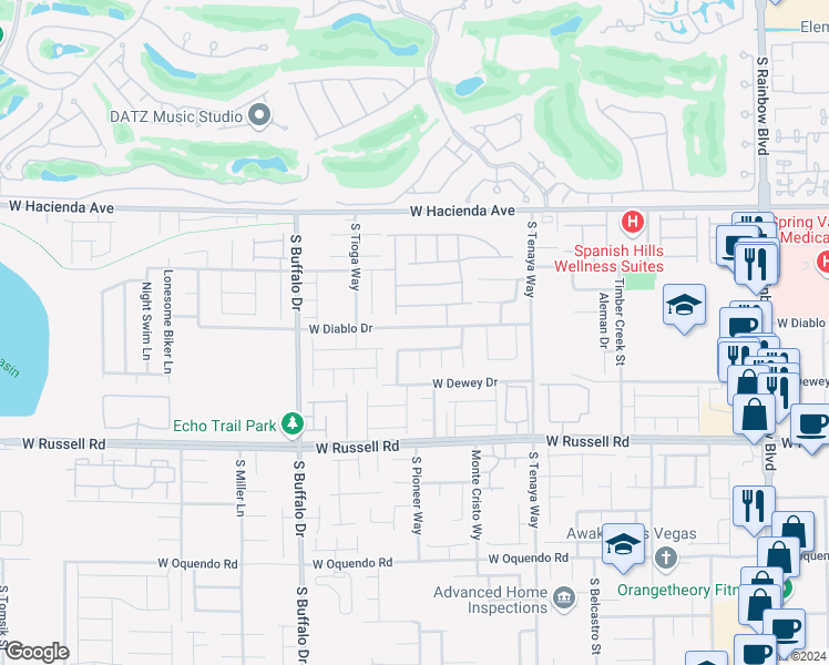 map of restaurants, bars, coffee shops, grocery stores, and more near 7599 West Diablo Drive in Las Vegas