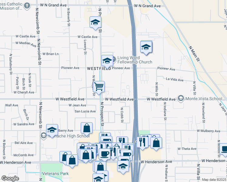 map of restaurants, bars, coffee shops, grocery stores, and more near 1149 West Glenn Court in Porterville