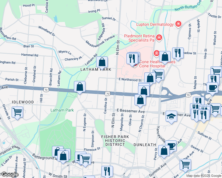 map of restaurants, bars, coffee shops, grocery stores, and more near 1101 North Elm Street in Greensboro