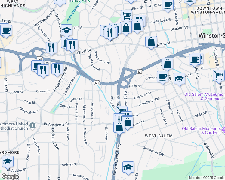 map of restaurants, bars, coffee shops, grocery stores, and more near 1412 West 4th Street in Winston-Salem