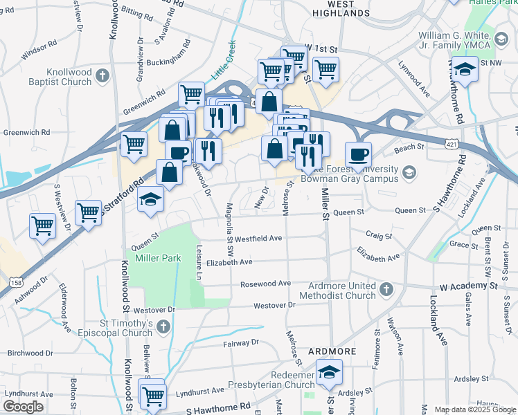 map of restaurants, bars, coffee shops, grocery stores, and more near 2353 Queen Street in Winston-Salem