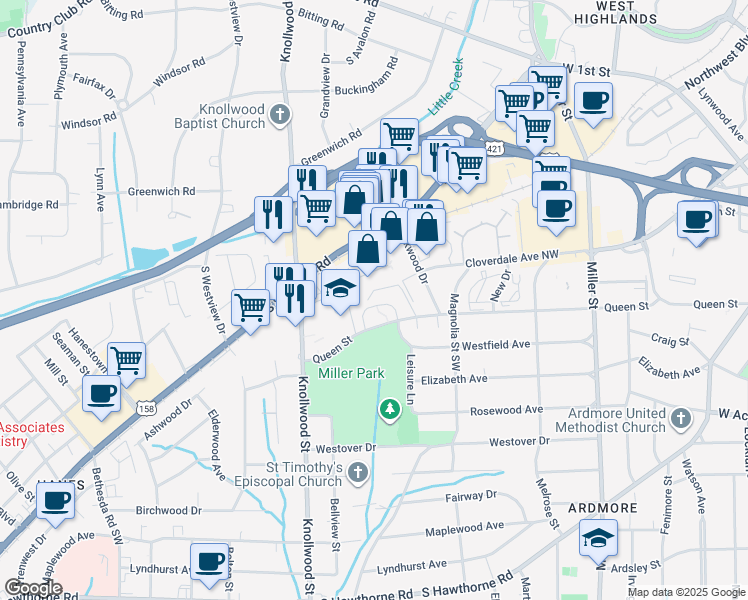 map of restaurants, bars, coffee shops, grocery stores, and more near 2519 Miller Park Circle in Winston-Salem