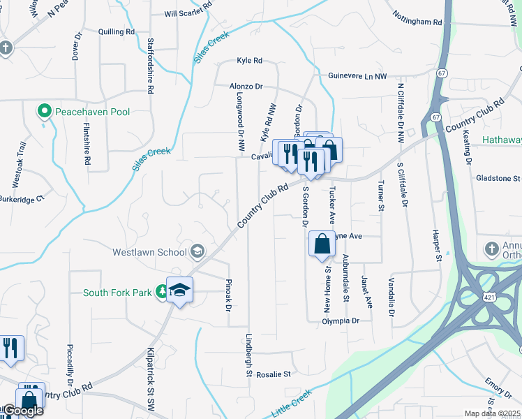 map of restaurants, bars, coffee shops, grocery stores, and more near 4112 Country Club Road in Winston-Salem