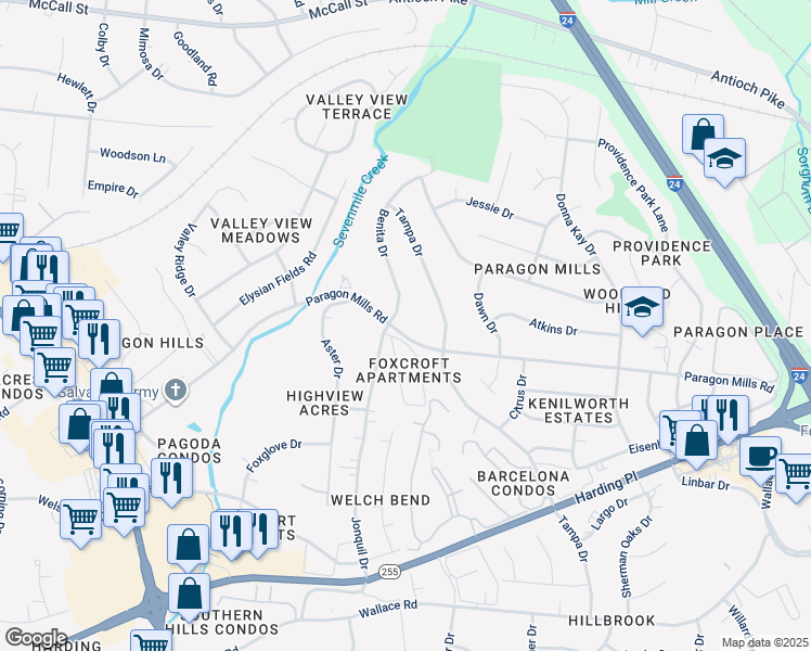 map of restaurants, bars, coffee shops, grocery stores, and more near 328 Paragon Mills Road in Nashville
