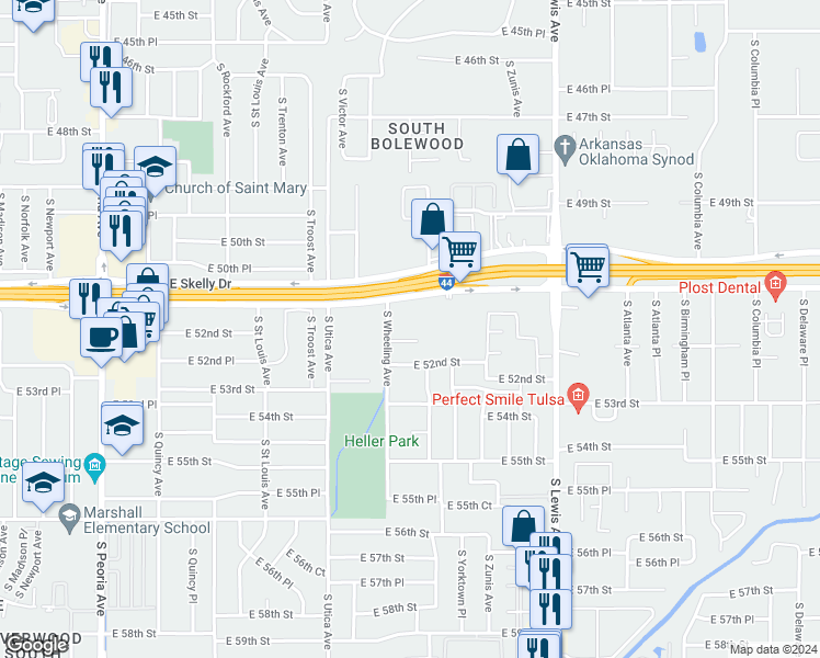 map of restaurants, bars, coffee shops, grocery stores, and more near 5131 South Wheeling Avenue in Tulsa