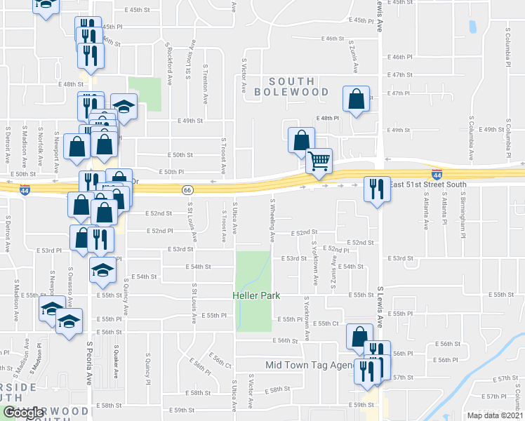 map of restaurants, bars, coffee shops, grocery stores, and more near 5140 South Wheeling Avenue in Tulsa