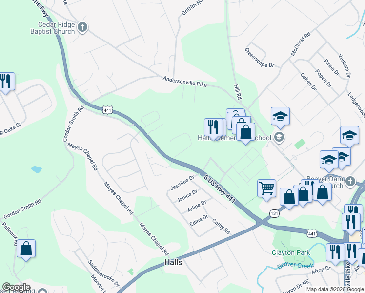 map of restaurants, bars, coffee shops, grocery stores, and more near 3729 Whitworth Drive in Knoxville