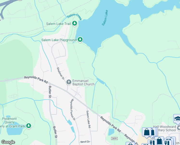map of restaurants, bars, coffee shops, grocery stores, and more near 1131 Salem Lake Road in Winston-Salem