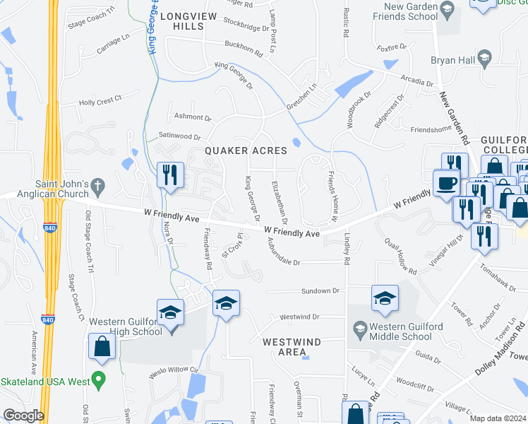 map of restaurants, bars, coffee shops, grocery stores, and more near 802 King George Drive in Greensboro
