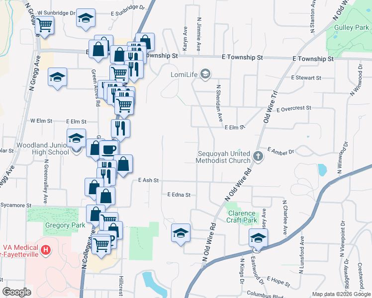 map of restaurants, bars, coffee shops, grocery stores, and more near 689 Winbaugh Lane in Fayetteville