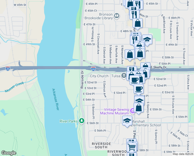 map of restaurants, bars, coffee shops, grocery stores, and more near 60 East 51st Place in Tulsa